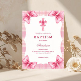 Pink Plaid Watercolor Bows & Cross Girl Baptism Einladung