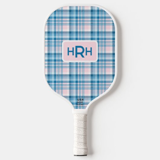 Pink Plaid with Modern Monogram Pickleball Schläger (Vorderseite)