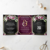 Pink Plum Floral Ampere und Black QR Code Hochzeit Dreifach Gefaltete Einladung (Innenseite)