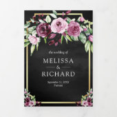Pink Plum Floral Ampere und Black QR Code Hochzeit Dreifach Gefaltete Einladung (Cover)