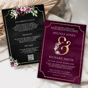 Pink Plum Floral Ampere und Black QR Code Hochzeit Einladung