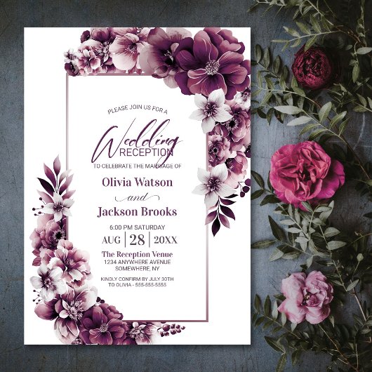 Pink Plum Floral Hochzeitsempfang Einladung
