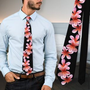 Pink Plumeria Black Tropical Flowers Unisex Tie Krawatte