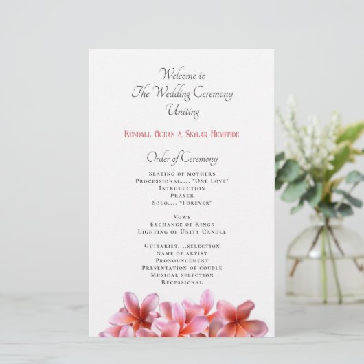 Pink Plumeria Blume Flat Wedding Programm (Stehend Vorderseite)