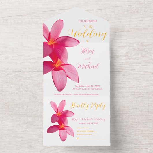 Pink Plumeria Blume, tropische Hochzeiten, Blumenz All In One Einladung (Innen)