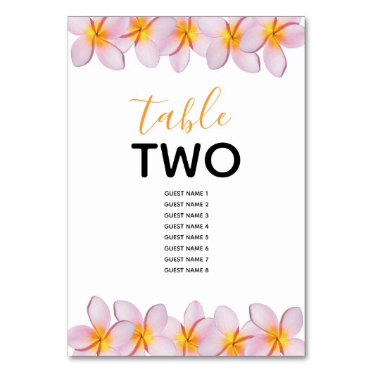 Pink Plumeria Frangipani Wedding Guest Names Tischnummer (Rückseite)