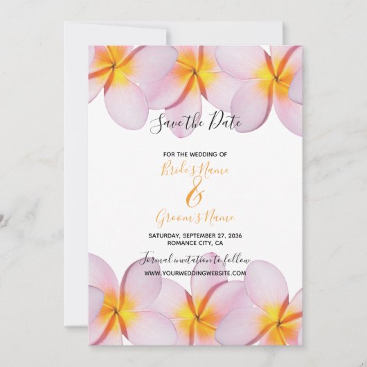 Pink Plumeria Frangipani Wedding Save the Date (Vorderseite)