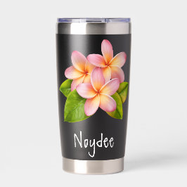 Pink Plumeria Frangipani, your Name, Floral Thermobecher