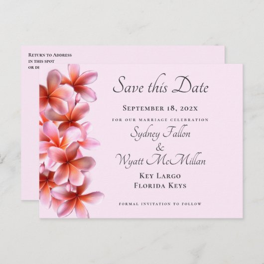Pink Plumeria Save the Date Custom Postcard Ankündigungspostkarte (Vorne/Hinten)