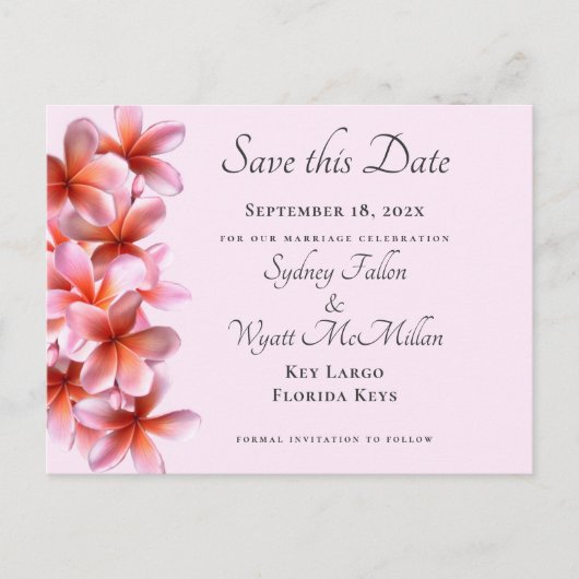 Pink Plumeria Save the Date Custom Postcard Ankündigungspostkarte (Vorderseite)