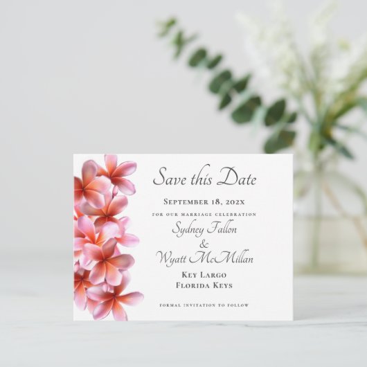 Pink Plumeria Save the Date Weiße Postkarte (Stehend Vorderseite)