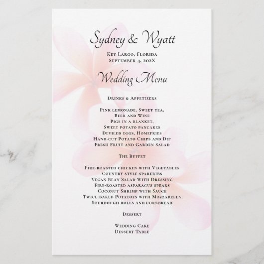 Pink Plumeria Simple Wedding Menu Template (Vorderseite)