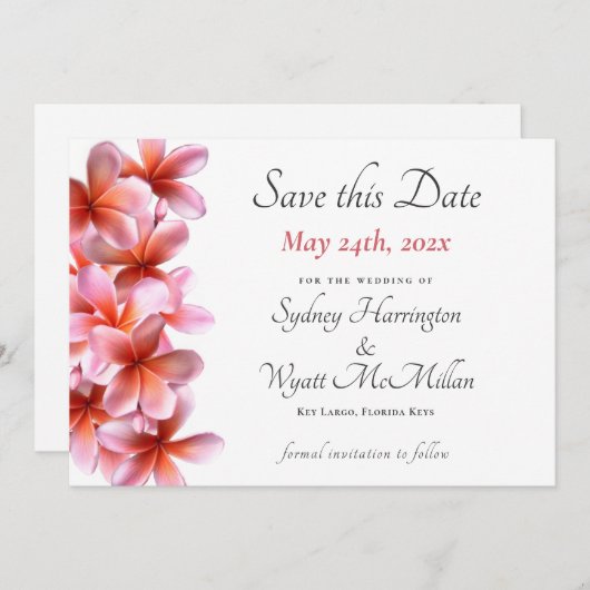Pink Plumeria Wedding Rett-the-Date White Ankündigung (Vorne/Hinten)