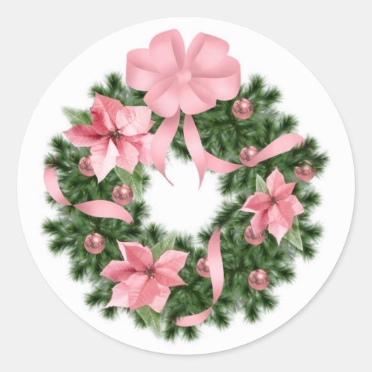 Pink Poinsetta Wreath Runder Aufkleber (Vorderseite)