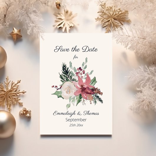 Pink Poinsettia Floral Winter Wedding Save The Date