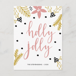 Pink Poinsettia Holly Jolly   Foto-Weihnachtskarte Feiertagspostkarte