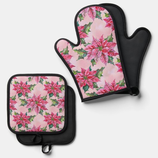 Pink Poinsettia Ofenhandschuh & Topflappen-Set (Vorderseite/Rückseite)