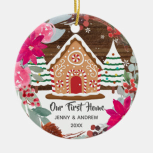 Pink poinsettia Unsere neue Zuhause Gingerbread Or Keramik Ornament