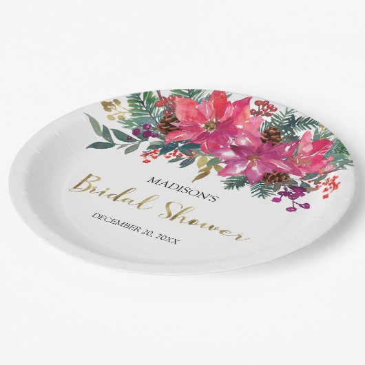 Pink Poinsettia Weihnachts-Brautparty Pappteller (Schrägansicht)