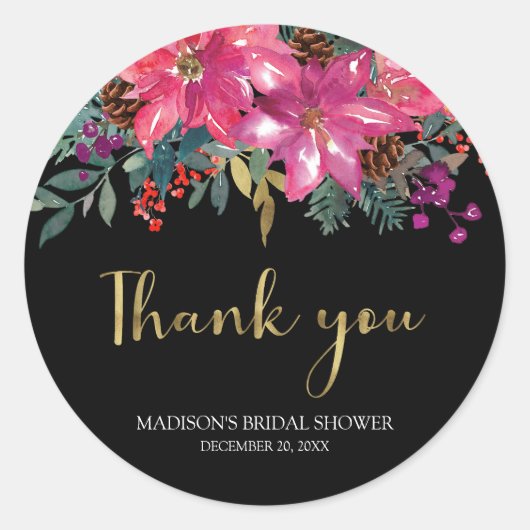 Pink Poinsettia Weihnachts-Brautparty Runder Aufkleber (Vorderseite)