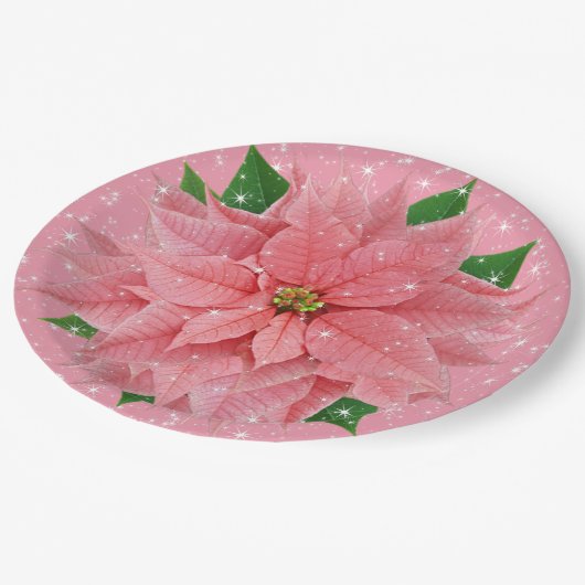 Pink Poinsettia Weihnachtsfest Party Pappteller (Schrägansicht)