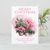 Pink Poinsettia Weihnachtskarte Einladung (Stehend Vorderseite)