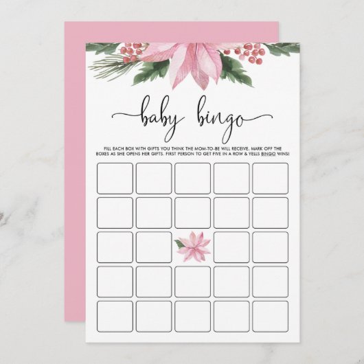 Pink Poinsettia Winter Baby Dusche Bingo Spiel Einladung (Vorne/Hinten)