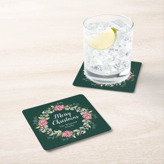 Pink Poinsettia Wreath Frohe Weihnachten Rechteckiger Pappuntersetzer (Vor Ort)