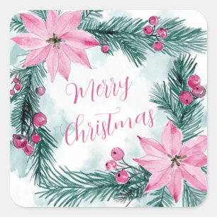 Pink Poinsettias Blumenweihnachtsfest Quadratischer Aufkleber
