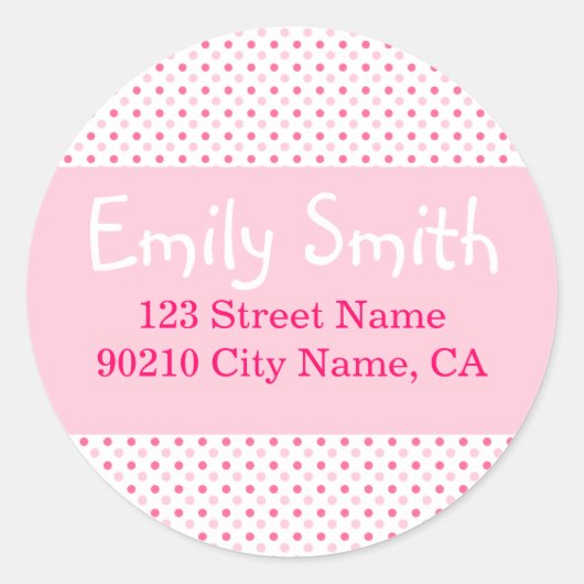 Pink Poka Dots-Adressetikett Runder Aufkleber (Vorderseite)