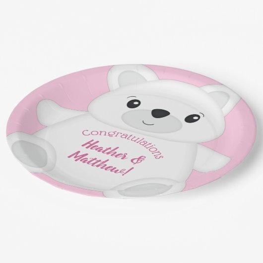 Pink Polar Bear Baby Dusche Pappteller (Schrägansicht)