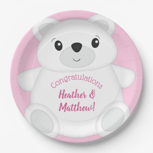 Pink Polar Bear Baby Dusche Pappteller (Vorderseite)