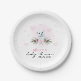 Pink Polar Bear Cub Girl Hearts Winter Baby Dusche Pappteller