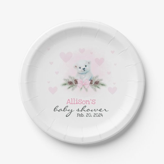 Pink Polar Bear Cub Girl Hearts Winter Baby Dusche Pappteller (Vorderseite)