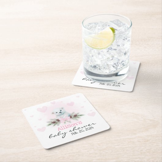 Pink Polar Bear Cub Girl Hearts Winter Baby Dusche Rechteckiger Pappuntersetzer (Vor Ort)