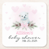 Pink Polar Bear Cub Girl Hearts Winter Baby Dusche Rechteckiger Pappuntersetzer (Vorderseite)