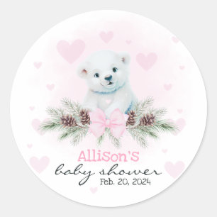 Pink Polar Bear Cub Girl Hearts Winter Baby Dusche Runder Aufkleber