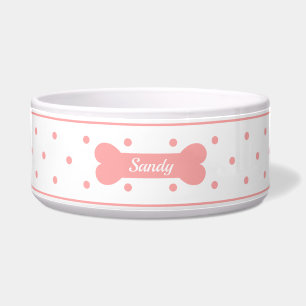 Pink Polka Dosen auf Weiß mit Dog Knochen und Name Napf