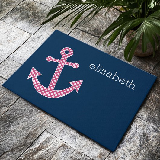 Pink Polka Dot Anchor mit Individuelle Name der Ma Fußmatte