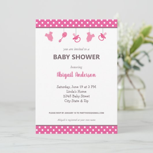 Pink Polka Dot Baby Girl Babydusche Einladung (Stehend Vorderseite)