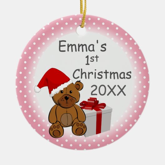 Pink Polka Dot Baby's First Christmas Custom Year Keramik Ornament (Vorne)