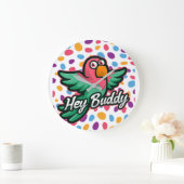 Pink polka dot Bird Große Wanduhr (Zuhause)
