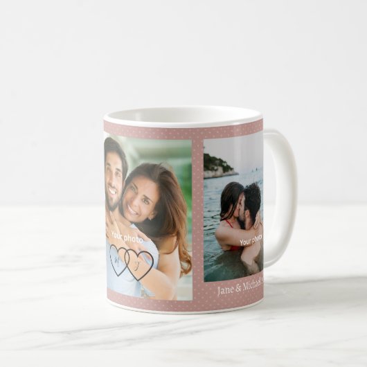 Pink Polka Dot Couple Photo Pink Love Hearts Mug Kaffeetasse (VorderseiteRechts)