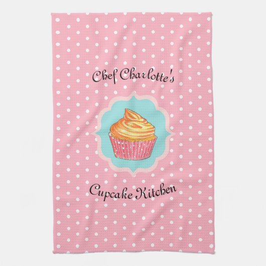 Pink Polka Dot Cupcake Küche Personalisiert Geschirrtuch (Vertikal)