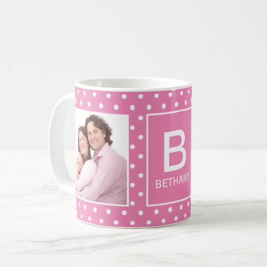 Pink Polka Dot Custom Foto Monogram Coffee Tasse (Vorderseite Links)