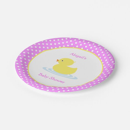 Pink Polka Dot Duck Baby Shower Papierplatte Pappteller (Schrägansicht)