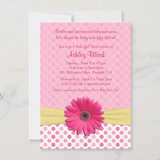 Pink Polka Dot Gerber Daisy Baby Shower Einladung (Vorderseite)