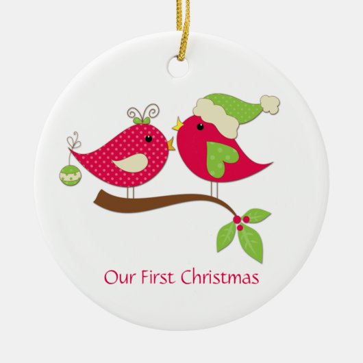 Pink Polka Dot Love Birds on Holly Keramik Ornament (Vorne)