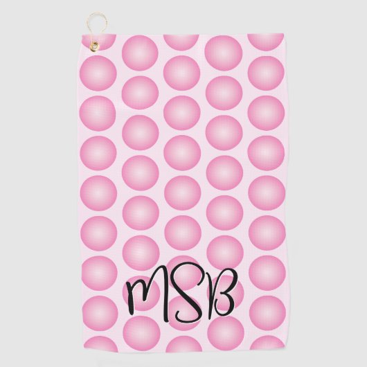 Pink Polka Dot Modernes Script Monogram Golf Towel Golfhandtuch (Vorderseite)