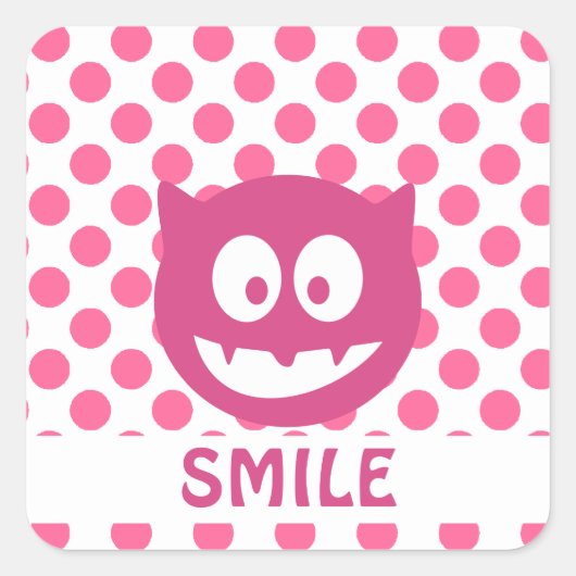 Pink Polka Dot Monster SMILE Quadratischer Aufkleber (Vorderseite)